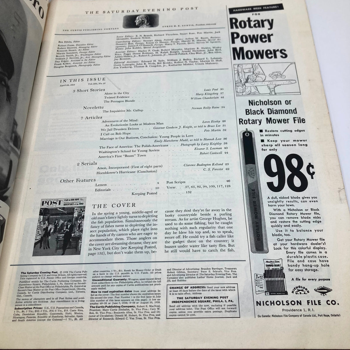 Interior page of the Saturday Evening Post Magazine April 26 1958, showcasing the table of contents and feature articles, including 'I Call on Bob Hope' by Pete Martin.