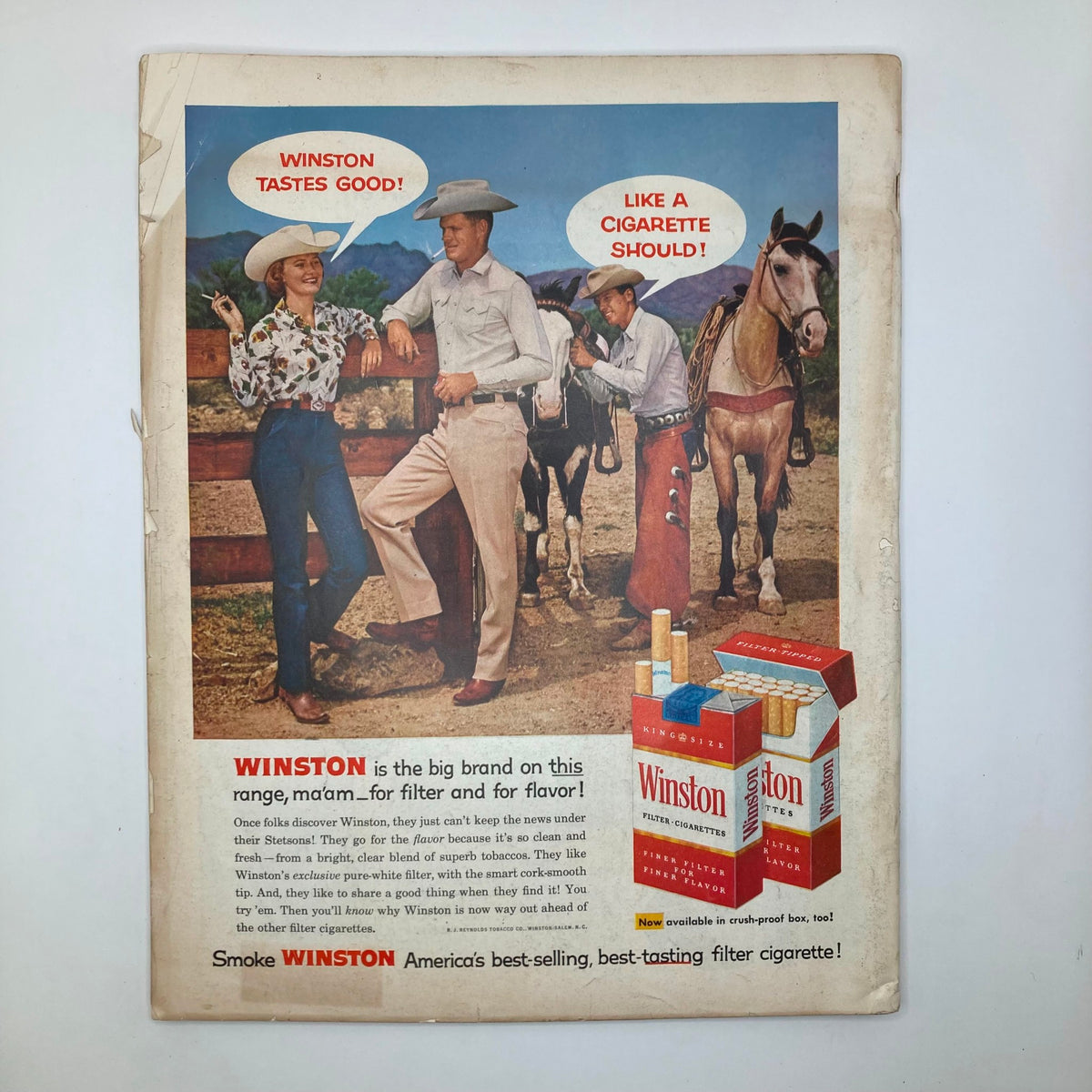 Advertisement image from Saturday Evening Post Magazine April 26 1958 showcasing a cowboy theme promoting Winston cigarettes, featuring a stylish couple and a horse in a rustic setting.