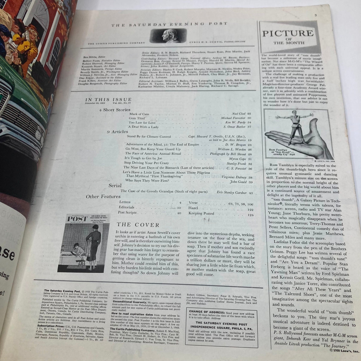 Interior page of the Saturday Evening Post Magazine from November 29, 1958, featuring the detailed contents including the feature titled 'THE COVER' about Amos Sewell's illustration 'Johnny Will Dive'. Highlights various articles and stories in this historical publication.