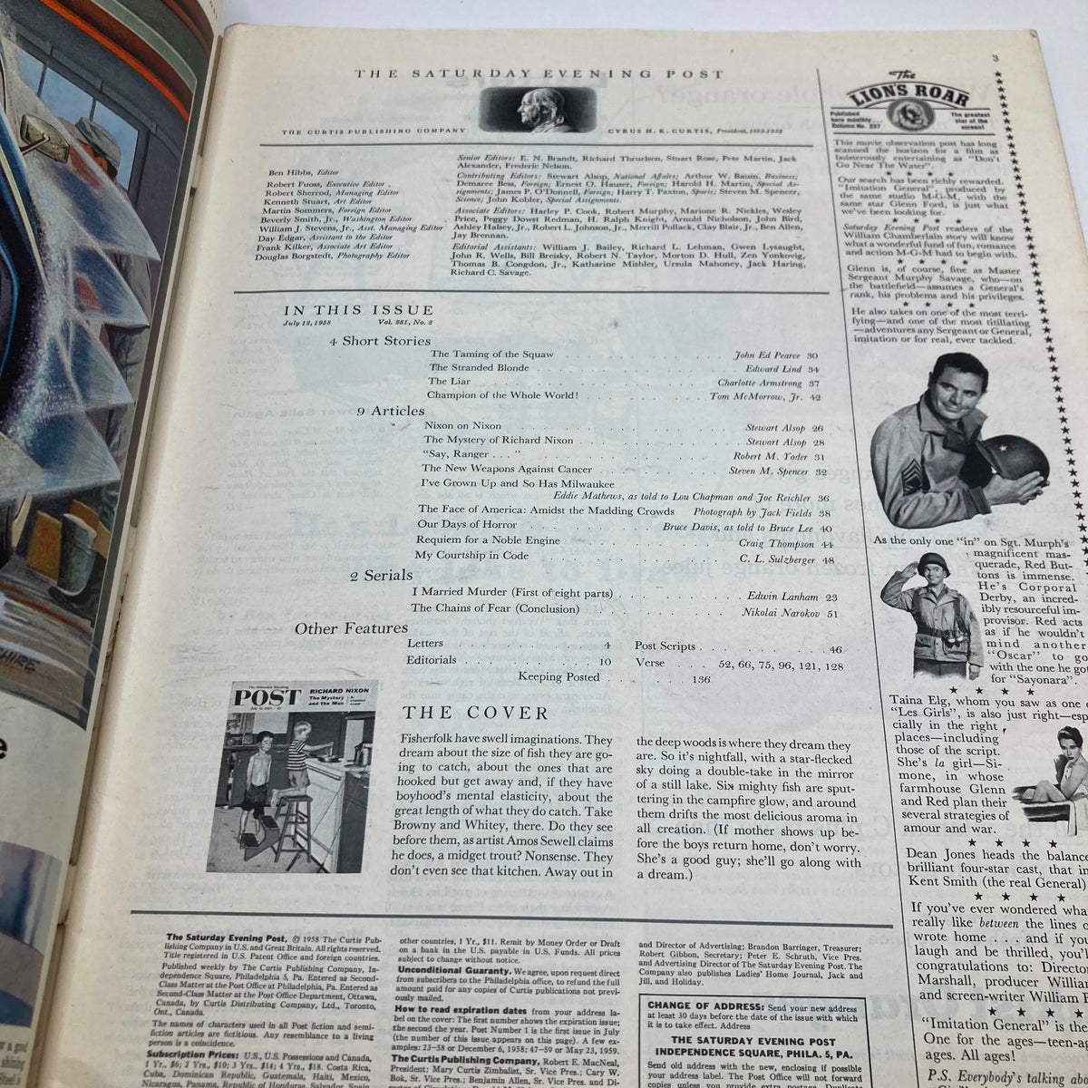Interior page of the Saturday Evening Post Magazine July 12, 1958, showcasing the table of contents and an introduction to the cover story 'The Fisherfolk' by Amos Sewell.