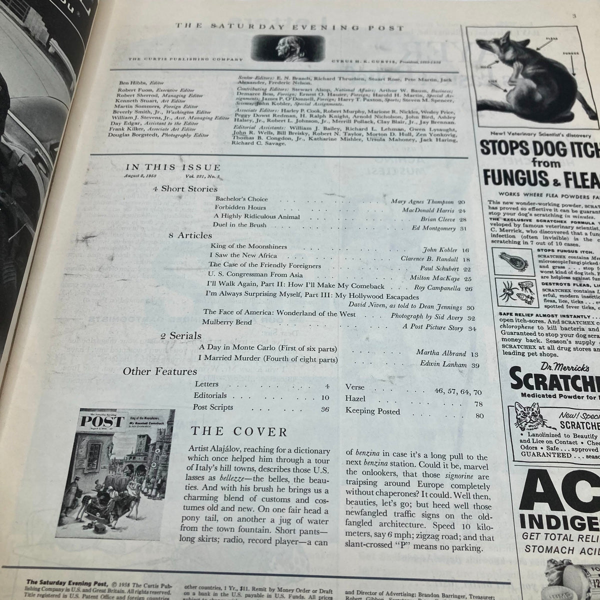Interior page of the Saturday Evening Post Magazine from August 2, 1958 featuring the table of contents and details about the issue, highlighting its featured stories and articles.