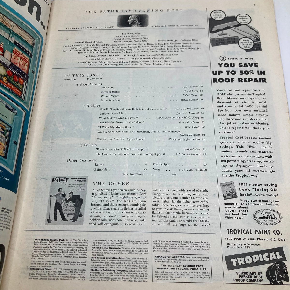 Inside page of The Saturday Evening Post magazine, March 8, 1958, detailing contents including short stories and articles associated with the cover illustration.