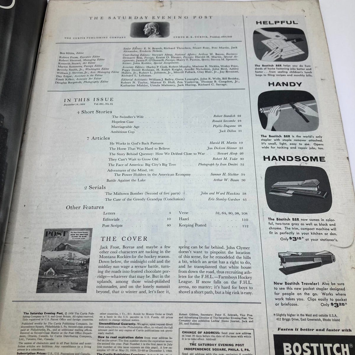 Inside page of the Saturday Evening Post Magazine from December 13, 1958, showing the table of contents and articles.