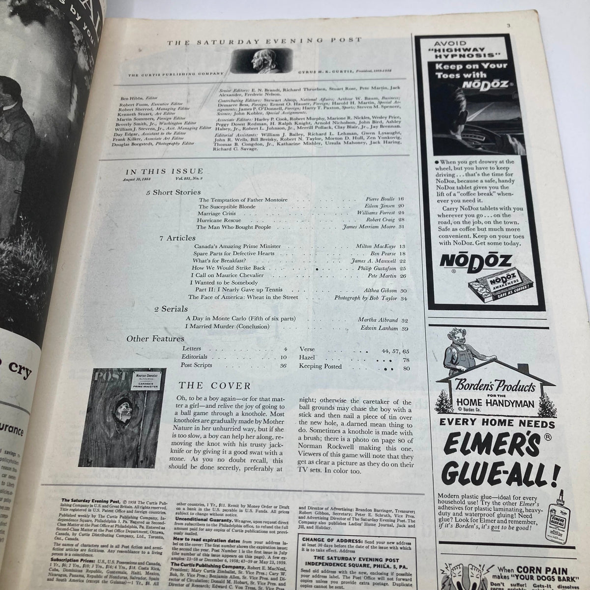 Interior page of Saturday Evening Post Magazine August 30 1958 showcasing table of contents and featured articles.