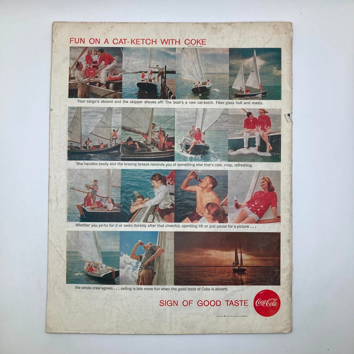 Back cover of Saturday Evening Post Magazine August 30 1958 with vintage Coca-Cola advertisement featuring a sailing theme.