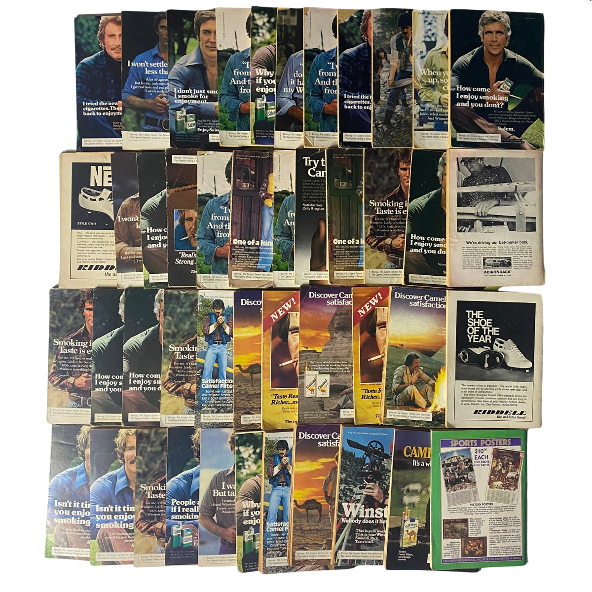 Rare Baseball Digest Collection – Lot of 44 Issues (1970–1987) including a collage of covers from various years, perfect for baseball collectors and enthusiasts.