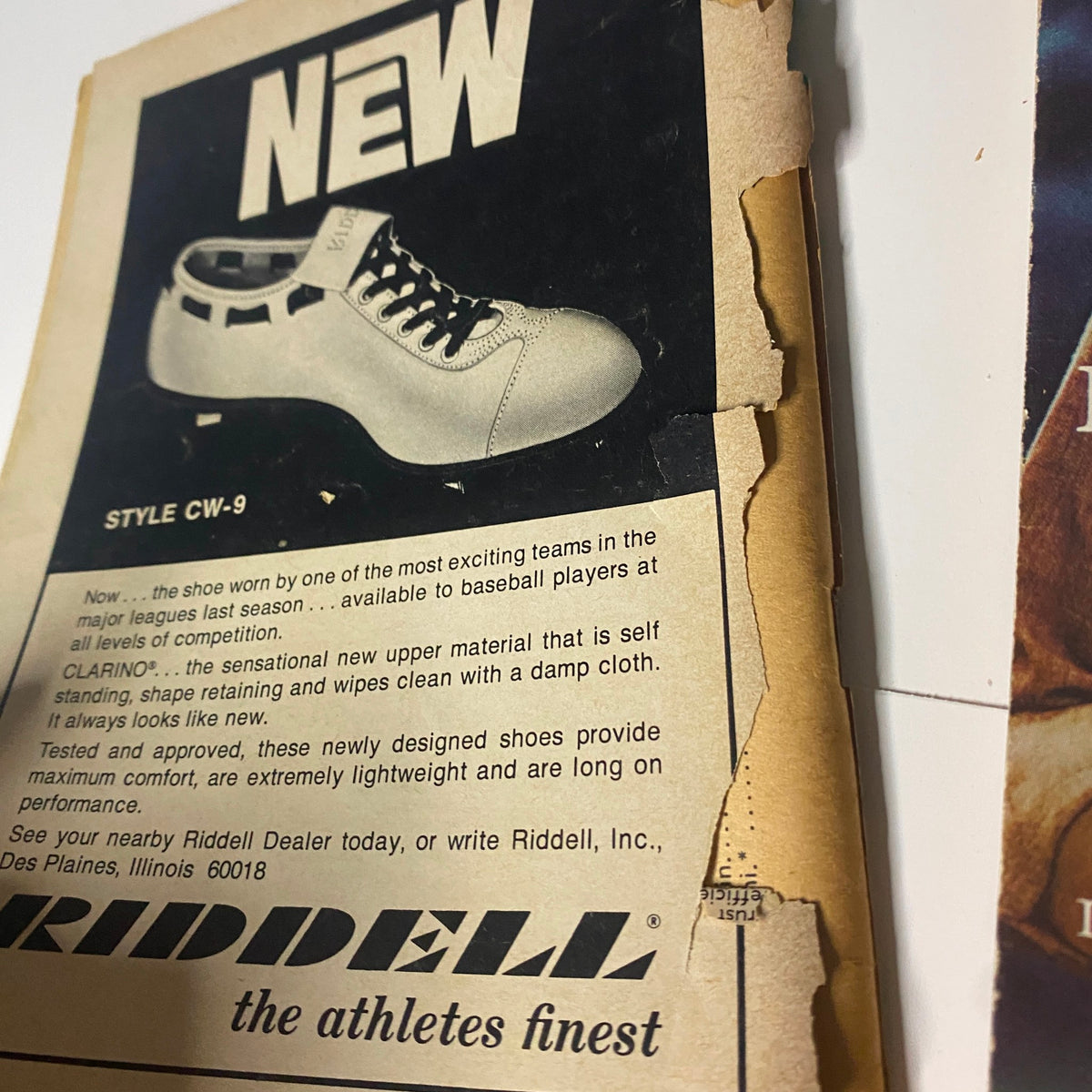 Vintage advertisement for Riddell CW-9 baseball shoes, showing features and styles, from the Rare Baseball Digest Collection – Lot of 44 Issues (1970–1987) which includes complete sets from 1977–1979.