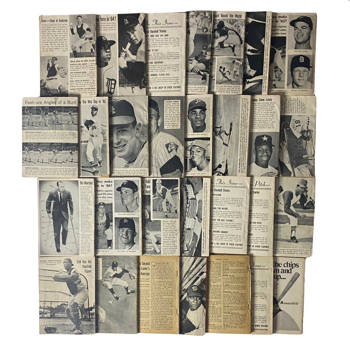 Inside pages of Extremely Rare Complete Lot of 30 Baseball Digest Magazines (1963–1969) displaying historical baseball articles and player features.