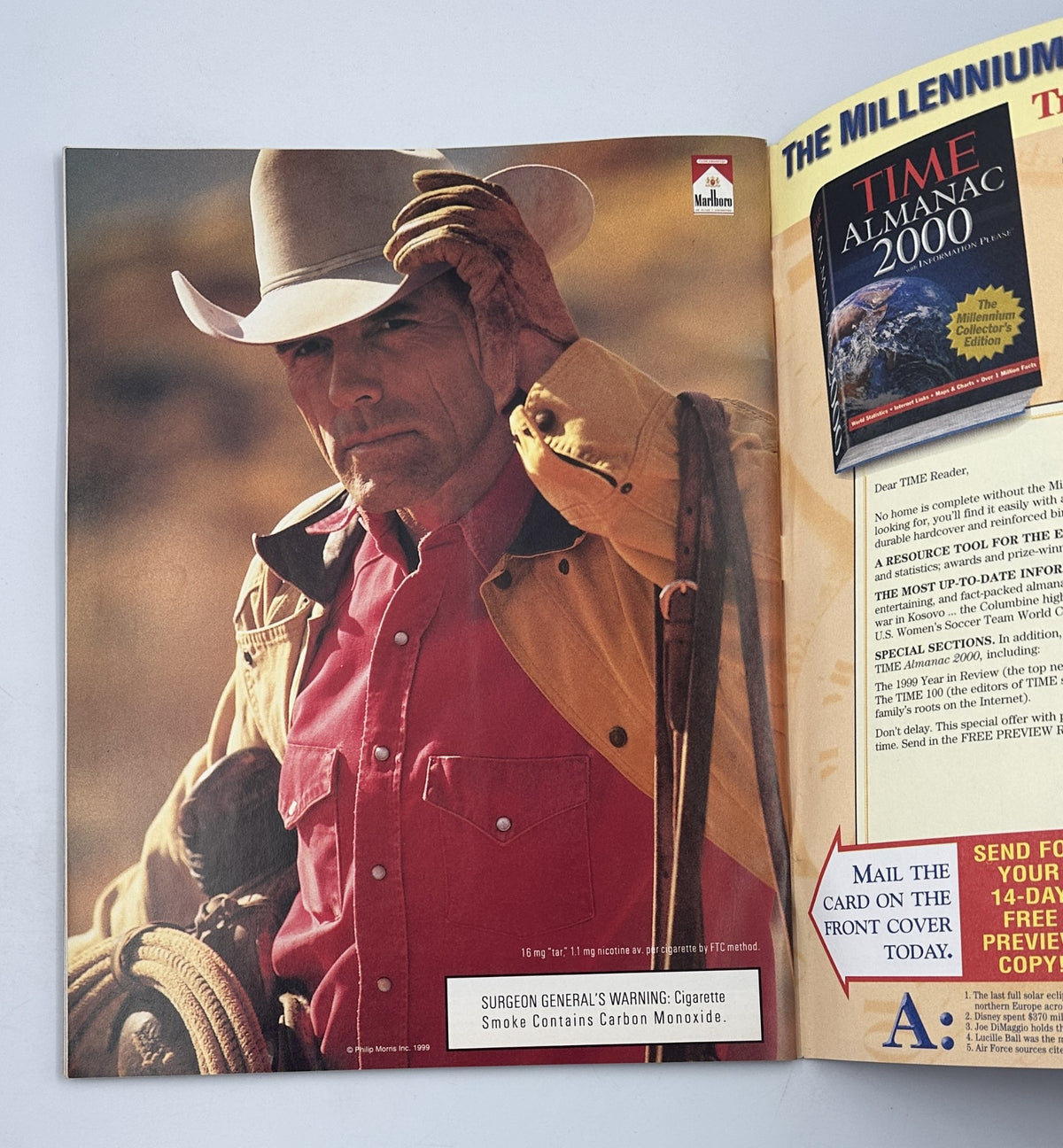 Time Magazine December 20, 1999 The Columbine Tapes Special Report featuring a striking advertisement for the Time Almanac 2000, featuring a rugged cowboy.