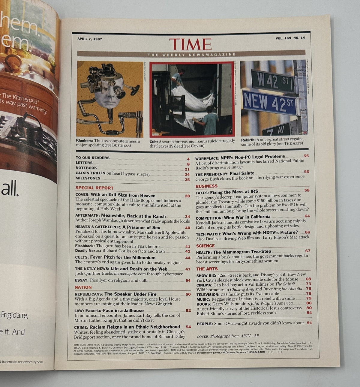 Interior page of Time Magazine April 7, 1997, displaying the Table of Contents, including various articles on subjects like religion, crime, and health.