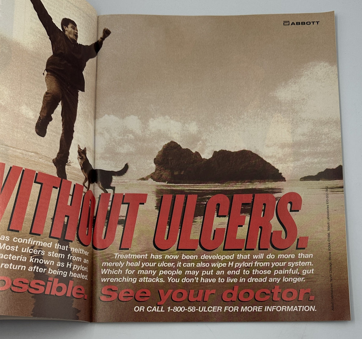 Advertisement featuring a man jumping joyfully outdoors with the slogan 'Without Ulcers' promoting health awareness, from Time Magazine April 7, 1997. Illustrates a focus on the benefits of seeing a doctor.