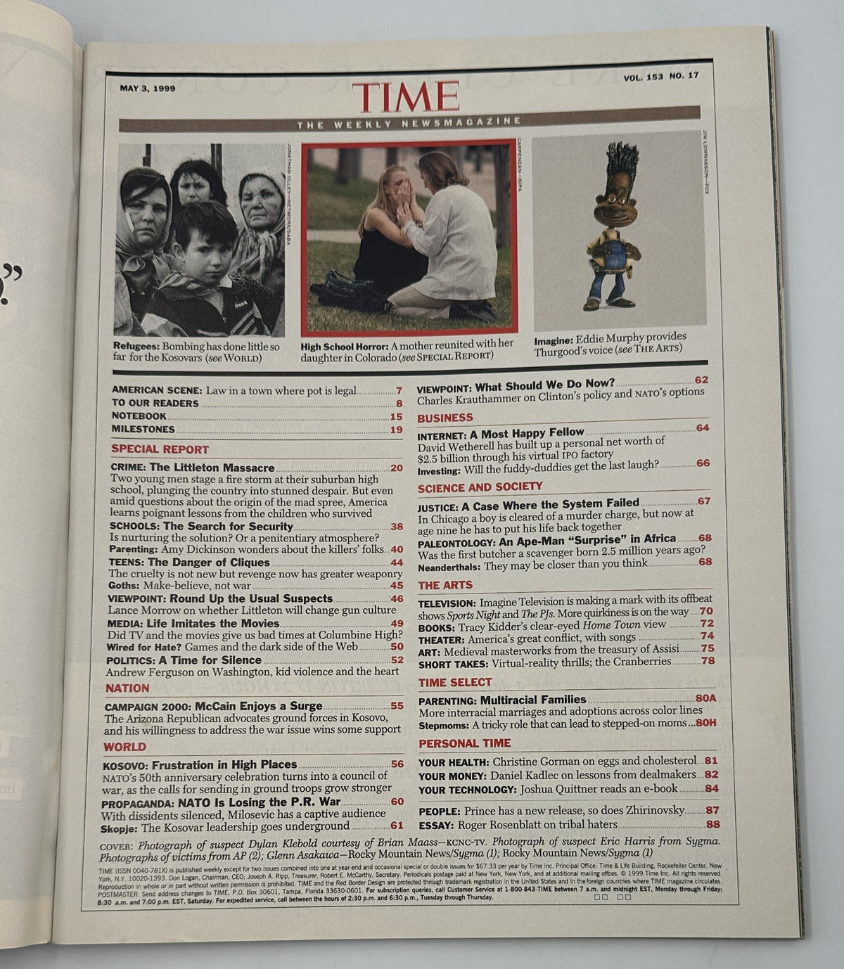 An interior page from Time Magazine dated May 3, 1999, showcasing the table of contents with articles including a special report on the Colorado School Massacre.
