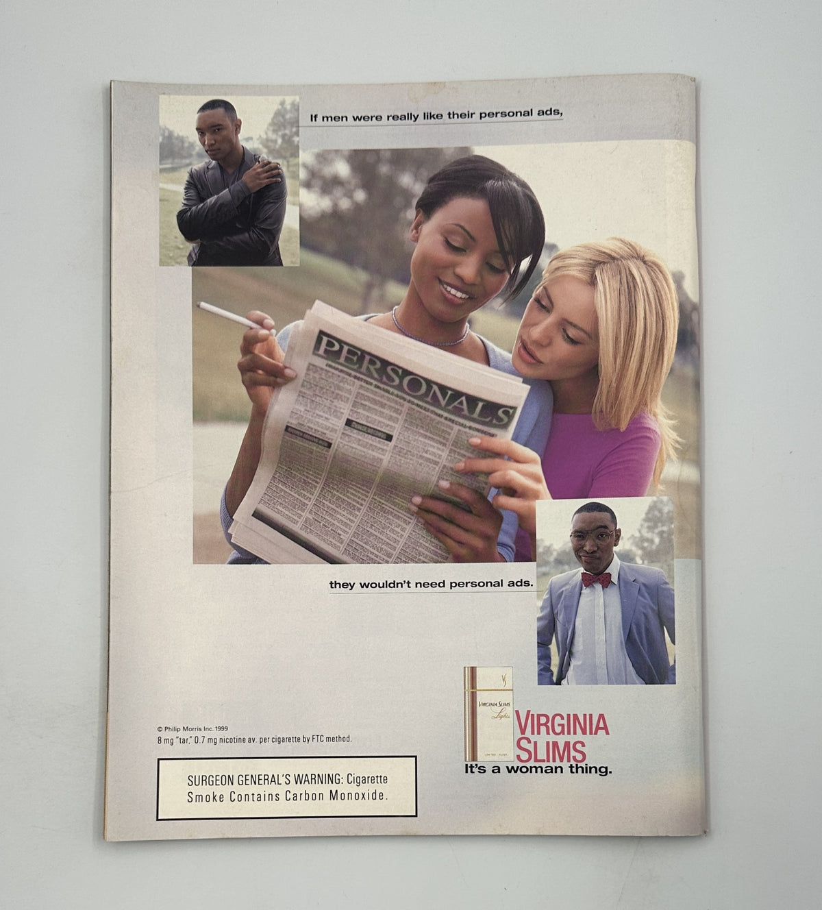 Advertisement from Time Magazine May 3, 1999, for Virginia Slims, illustrating a diverse group engaging with personal ads, accompanied by a health warning regarding smoking.