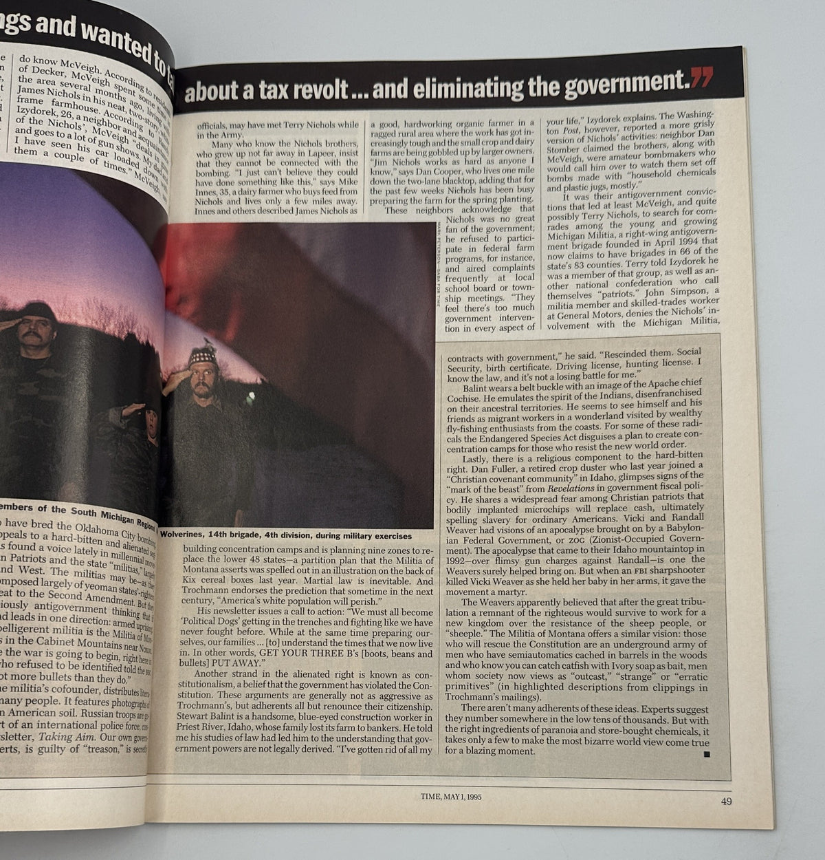 Time Magazine May 1, 1995 features an article about Timothy McVeigh and the Oklahoma City Bombing, showcasing pages that discuss extremist ideologies and their impact on society.
