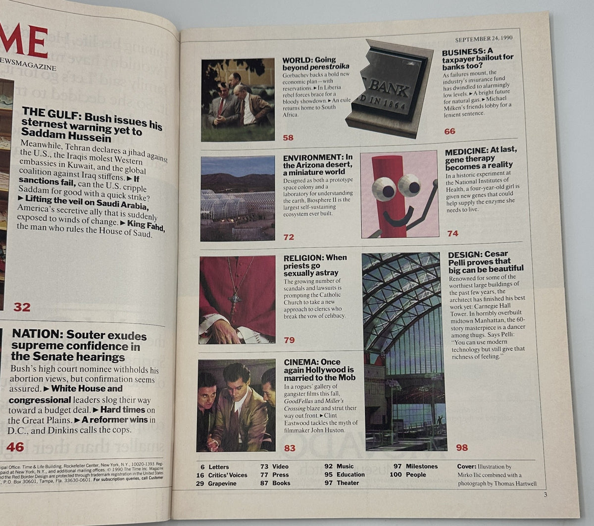 Inside page of Time Magazine September 24, 1990 detailing the table of contents. Includes sections on the Gulf War, Bush's warning to Saddam Hussein, and various global and national news.