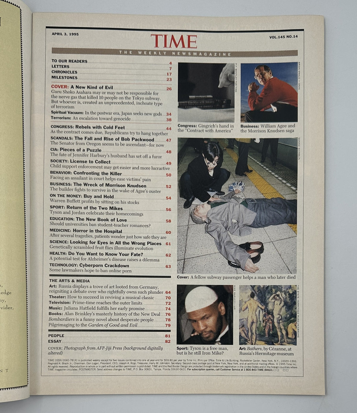 Time Magazine April 3, 1995 issue showcasing the Table of Contents featuring articles on Shoko Asahara and the Tokyo subway attack, alongside various notable topics of that era.