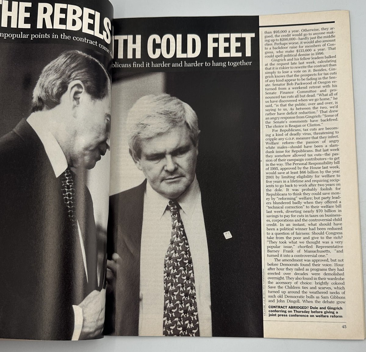Time Magazine April 3, 1995 article titled 'Rebels with Cold Feet,' discussing political dynamics in Congress with images of key figures from the time.
