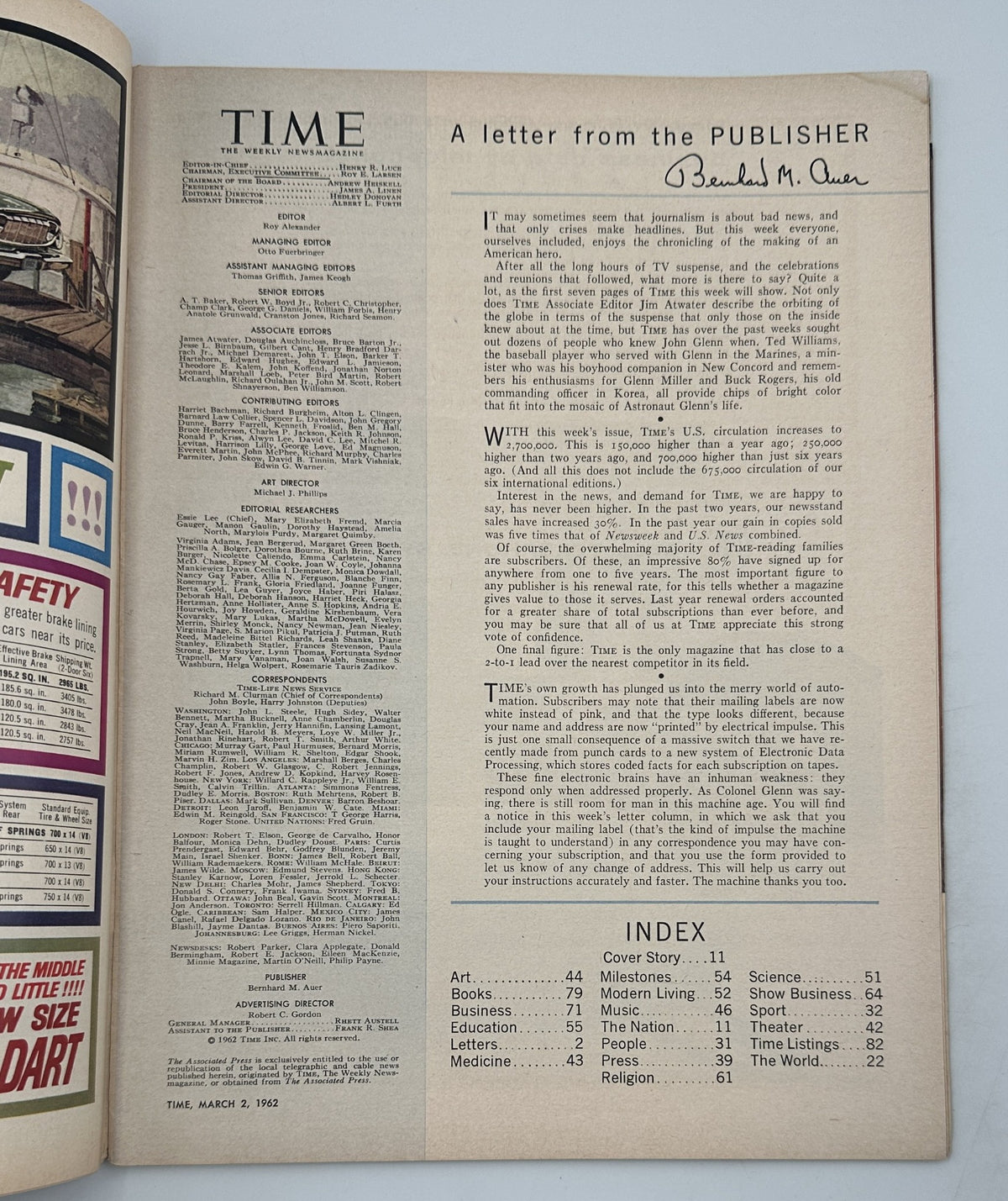 Interior page of Time Magazine dated March 2, 1962, displaying a letter from the publisher and detailed index of articles including sections on Education, Science, and Art.