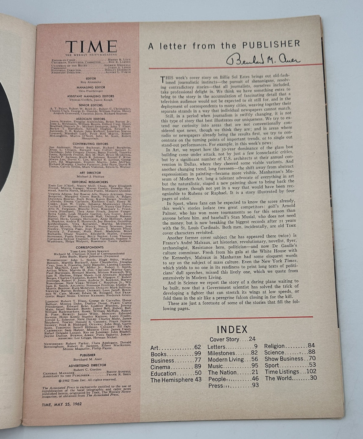 Inside page of Time Magazine dated May 25, 1962. Includes a letter from the publisher and an index of the contents showcasing various sections like Art, Books, and Business.