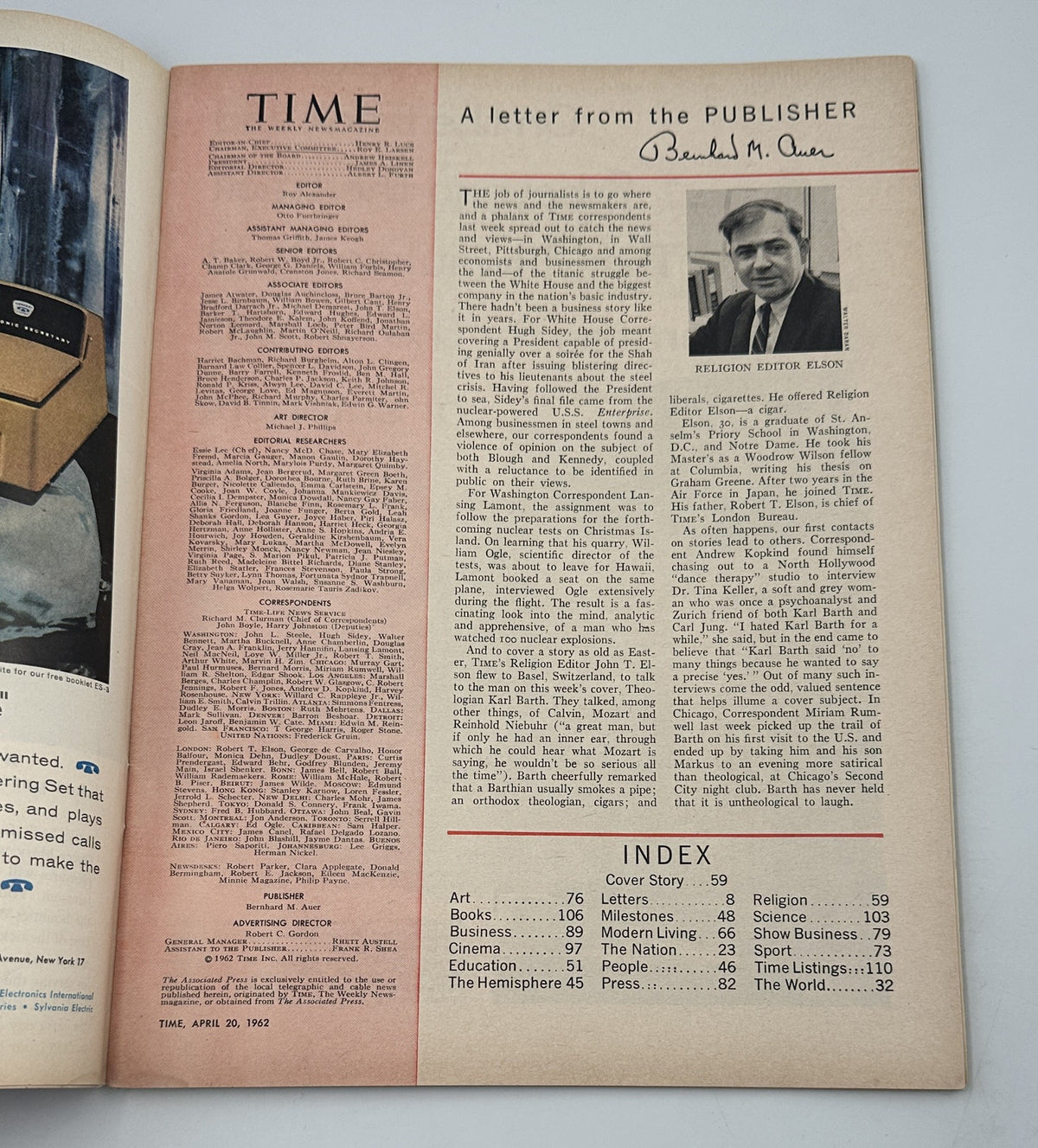 Time Magazine cover featuring an article about Karl Barth's theology and religion, published on April 20, 1962. The image shows the magazine's table of contents including various topics like Art, Books, and Religion.