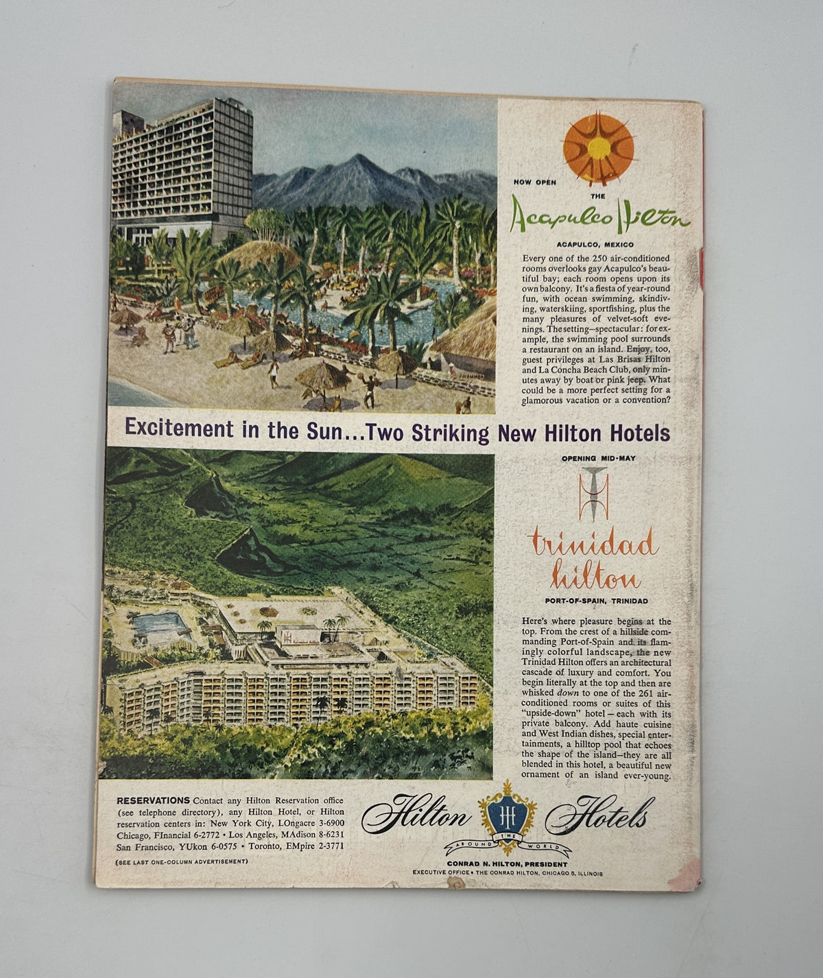 Back cover of Time Magazine dated April 20, 1962, showcasing advertisements for Hilton Hotels, including Acapulco and Trinidad, with illustrations depicting scenic landscapes and leisure activities.