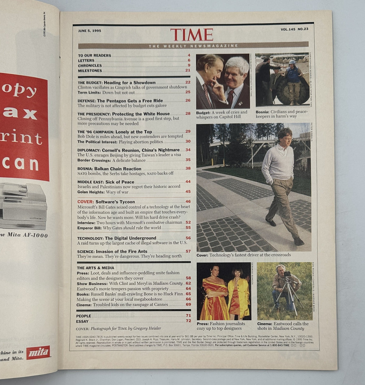 Inside spread of TIME Magazine, June 5, 1995, including the Table of Contents detailing featured articles such as 'The Budget: Heading for a Showdown' and 'Defending the White House'.