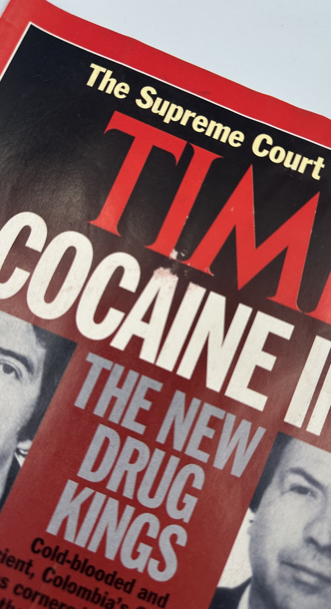 Close-up of Time Magazine cover from July 1, 1991 with emphasis on the title 'Cocaine Inc: The New Drug Kings' highlighting the supremacy of Colombia's Cali cartel.