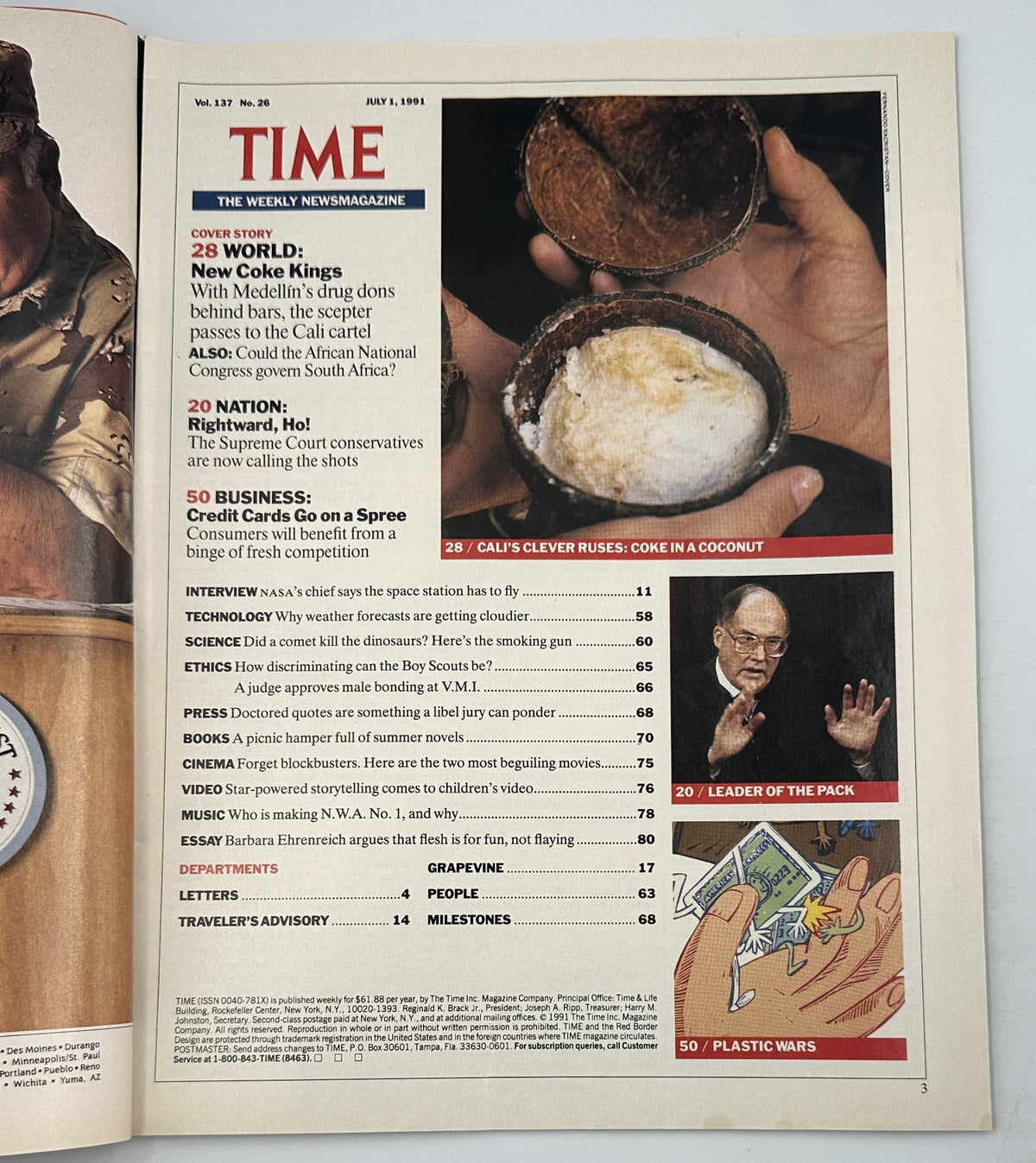 Time Magazine July 1, 1991 featuring the cover story 'Cocaine Inc: Cali Cartel Drug Lords' highlighting the rise of the Cali Cartel after Medellin's drug lords, with a table of contents including topics like New Coke Kings and the African National Congress.