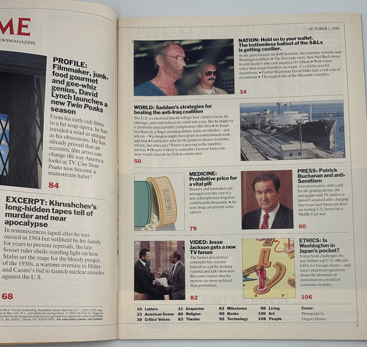 Interior page of Time Magazine from October 1, 1990, showcasing the table of contents, including profiles on David Lynch, Saddam Hussein's strategies, and Patrick Buchanan's views on anti-Semitism.