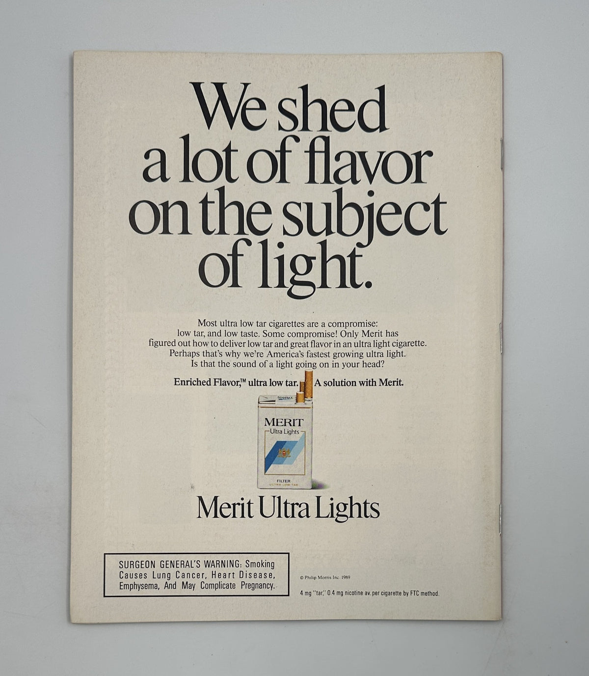 Merit Ultra Lights advertisement featured in Time Magazine October 1, 1990, highlighting the brand's approach to low-tar cigarettes, with a tagline about the flavor of light cigarettes.