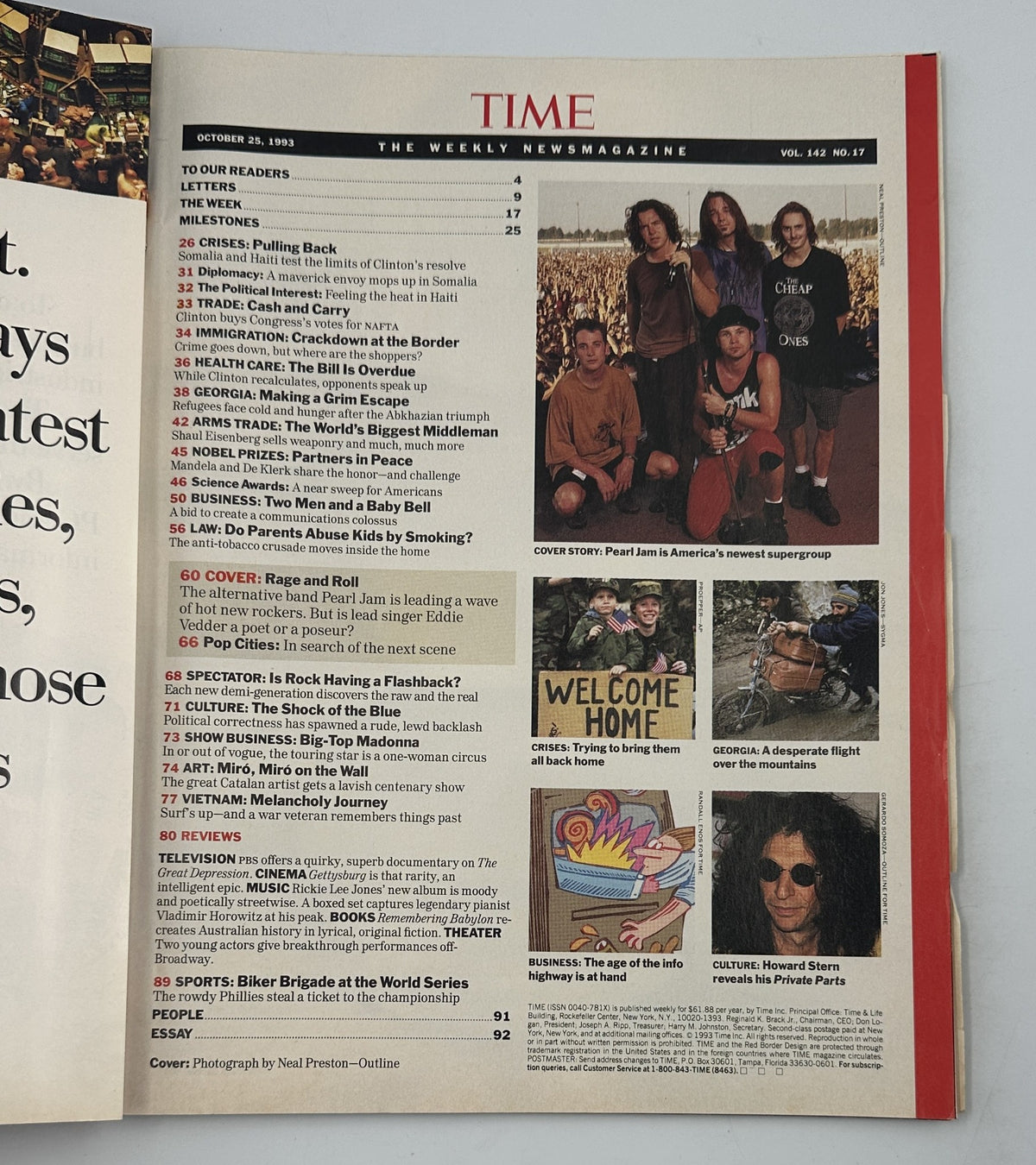 Inside page of Time Magazine from October 25, 1993, displaying the Table of Contents including features on Pearl Jam, Eddie Vedder, and various societal topics.