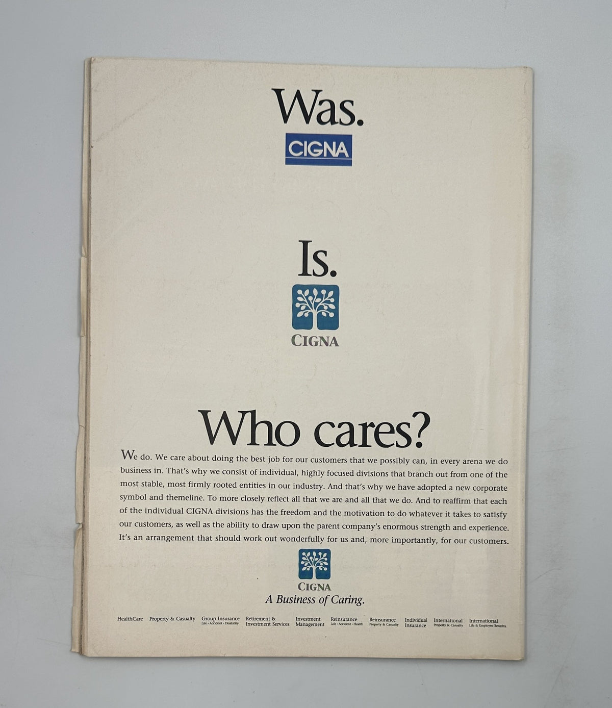 Back cover of Time Magazine from October 25, 1993, featuring an advertisement for Cigna, showcasing the company's branding and message.