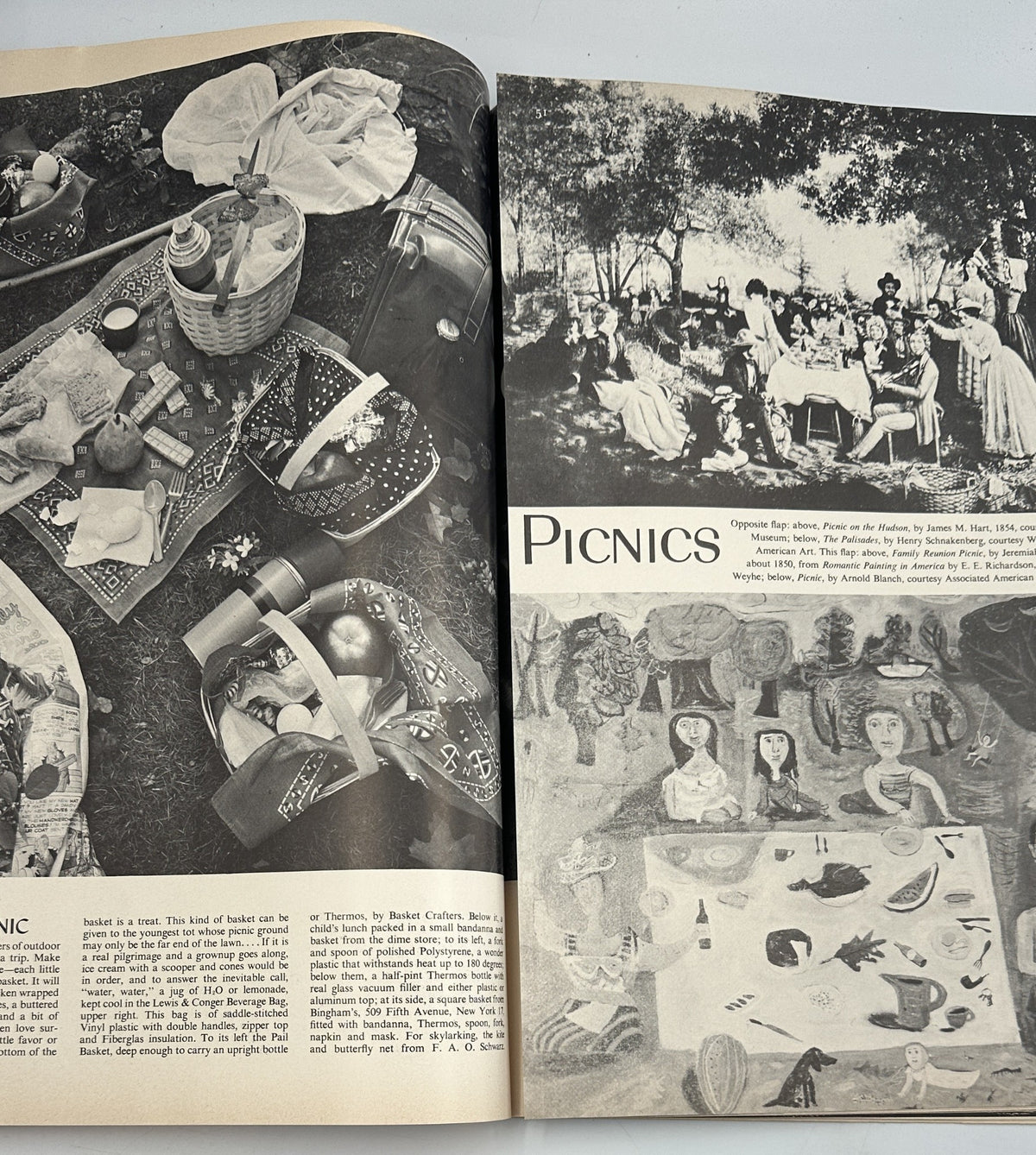 Flair Magazine June 1950 showcasing a picnic scene, featuring a picnic basket and outdoor dining arrangements, emphasizing leisure and social gatherings. Includes illustrations related to food and picnicking activities.