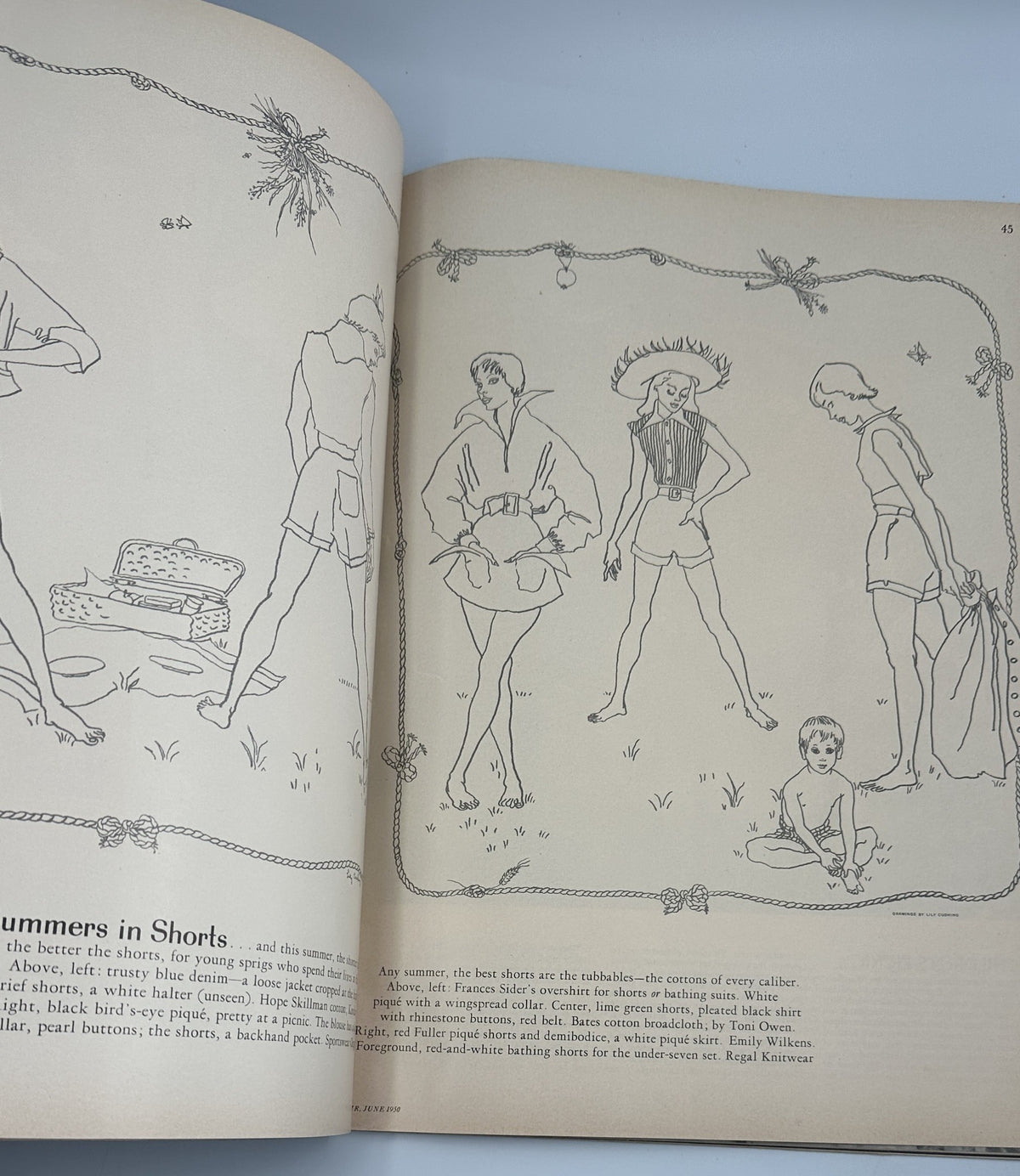 Flair Magazine June 1950 presenting a fashion spread titled 'Young America Summers in Shorts', highlighting summer fashion trends and youthful styles in an artistic graphic design.