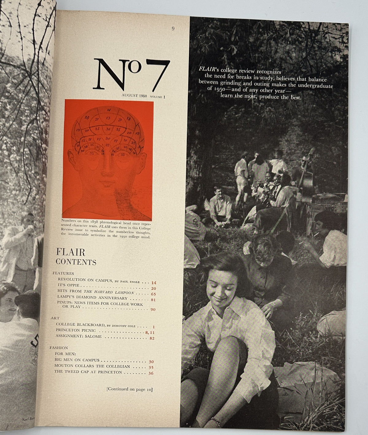 Interior page of Flair Magazine August 1950 College Review Issue displaying the contents list with a striking graphic design.