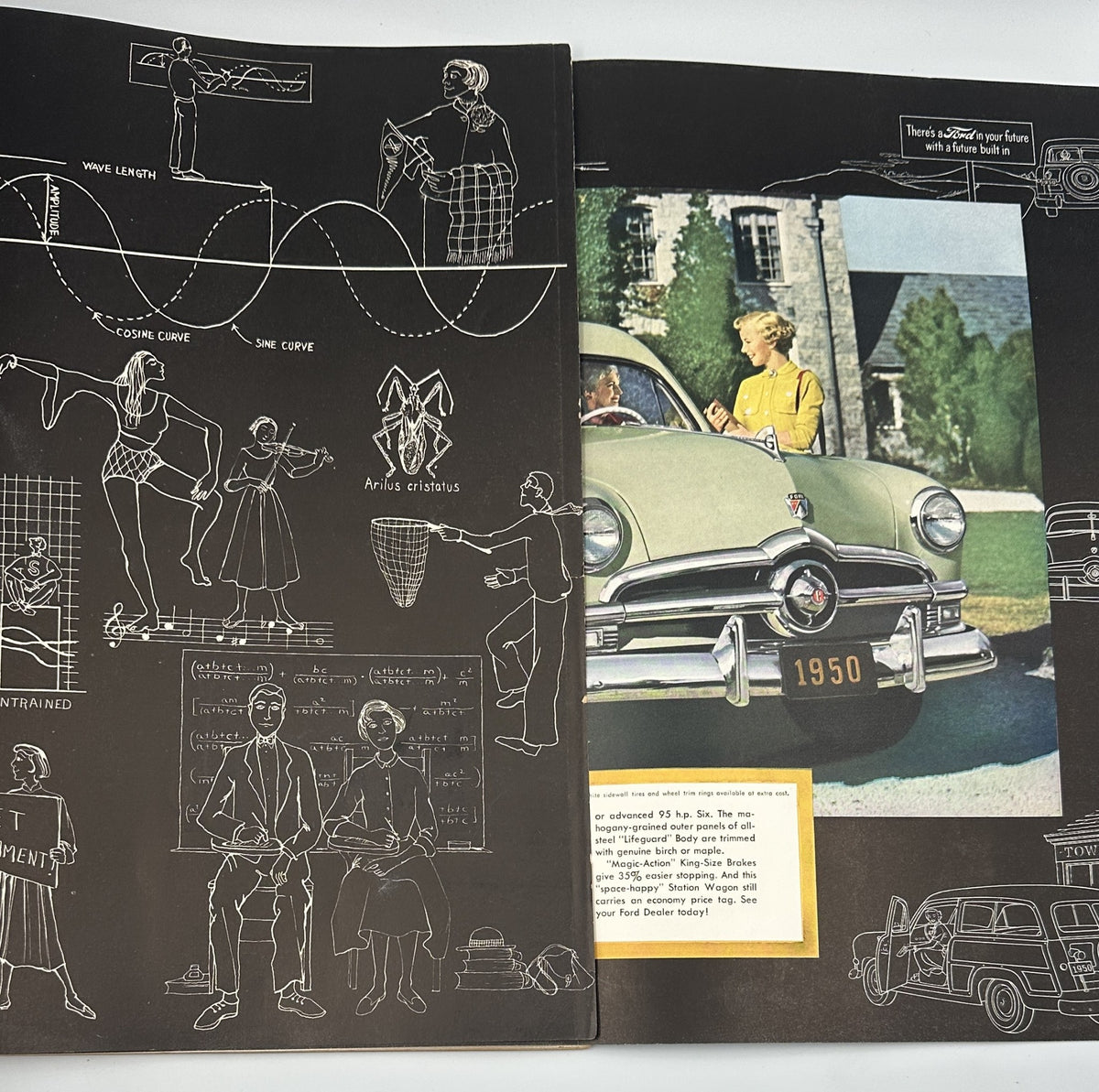 Page layout from Flair Magazine August 1950 College Review Issue, featuring a classic car from 1950 alongside illustrations of scientific concepts, showcasing the blend of culture and education in the magazine.