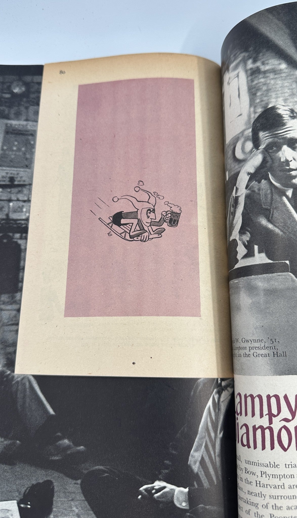 Cartoon illustration from Flair Magazine August 1950 College Review Issue, showcasing a whimsical character in a humorous scene, reflecting the comedic content of the magazine.