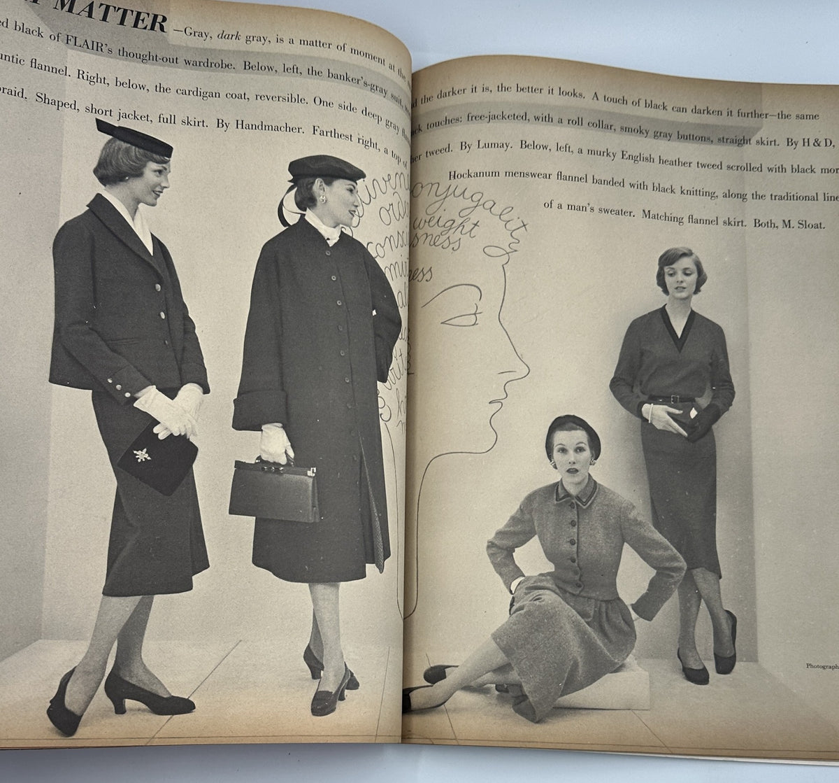 Fashion spread from Flair Magazine August 1950 College Review Issue, featuring elegant women's clothing designs set in a modern artistic display, highlighting trends of the era.