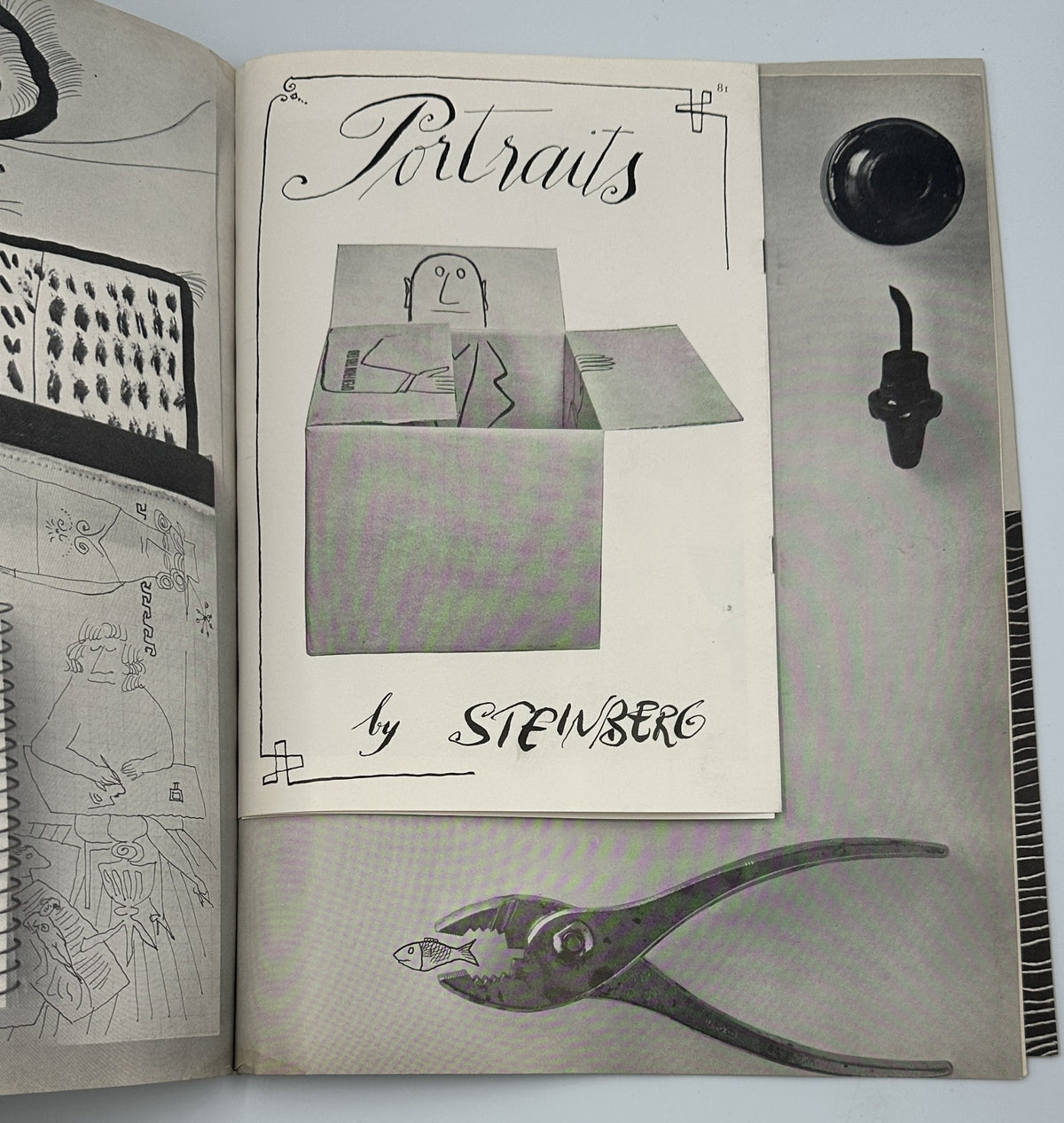 Artistic illustration titled 'Portraits' featured in Flair Magazine, March 1950 edition, showcasing a whimsical design by Saul Steinberg. Title: Flair Magazine March 1950 Salvador Dali Gloria Swanson Spain Art.
