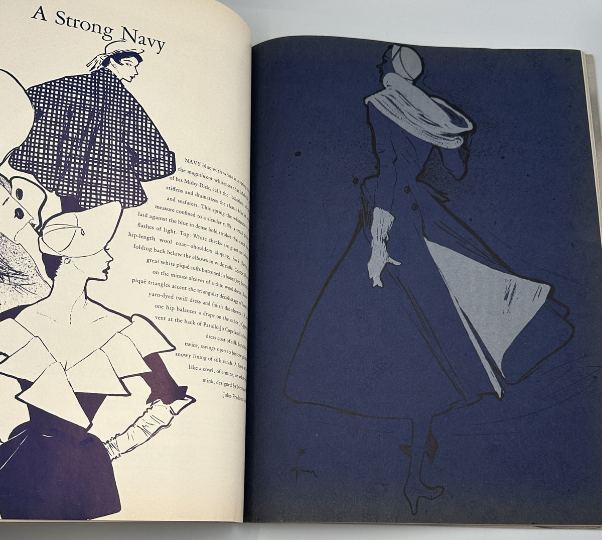 Fashion illustration titled 'A Strong Navy' from the March 1950 issue of Flair Magazine, featuring elegant designs in navy color. Flair Magazine March 1950 Salvador Dali Gloria Swanson Spain Art.