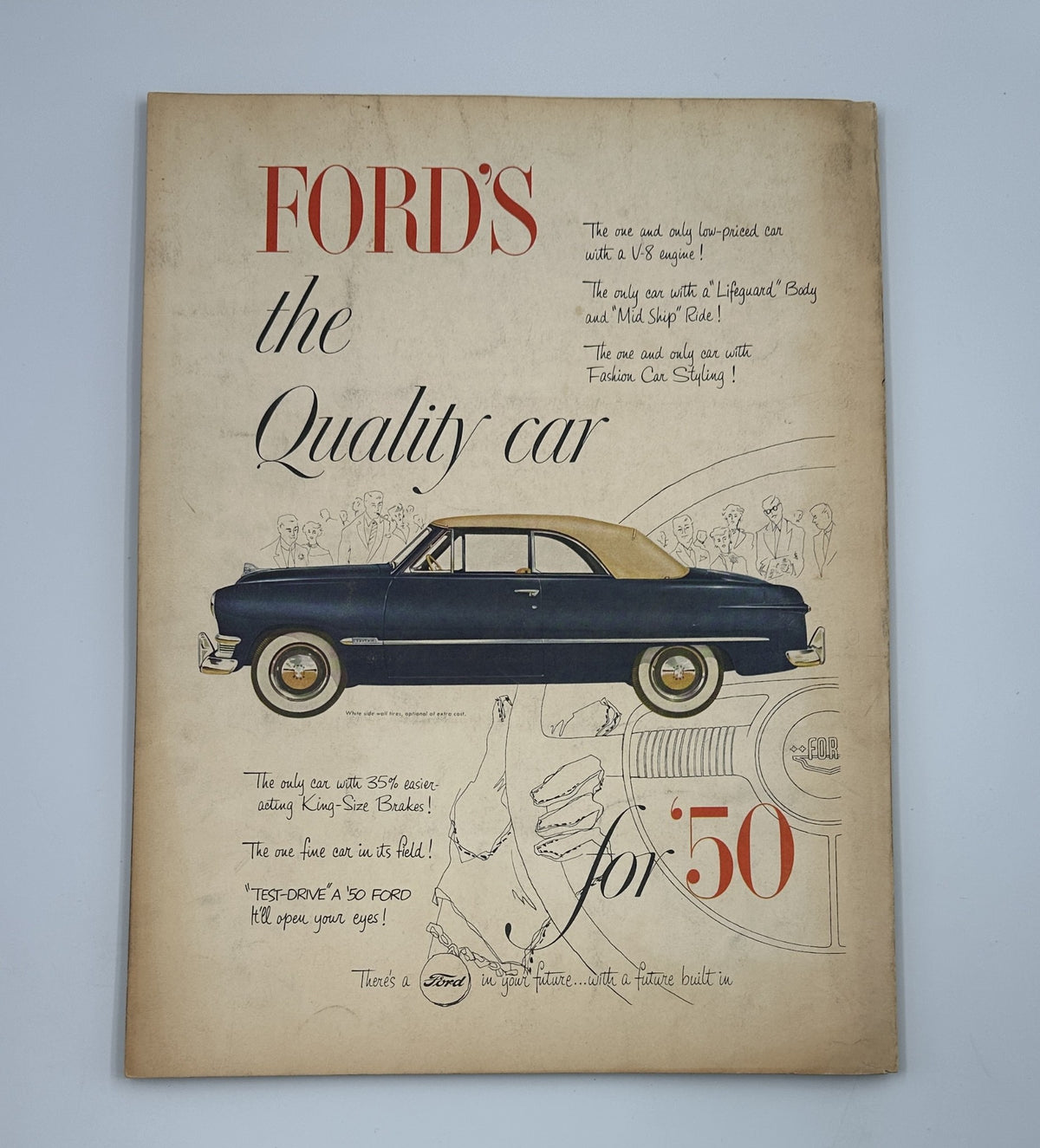 Vintage advertisement for Ford's Quality Car featuring an illustrated car design from the March 1950 Flair Magazine. Flair Magazine March 1950 Salvador Dali Gloria Swanson Spain Art.