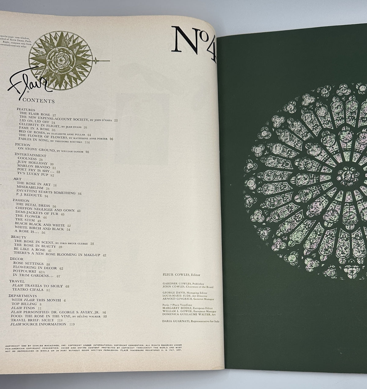 Flair Magazine May 1950 Table of Contents featuring articles and photography related to fashion and art.