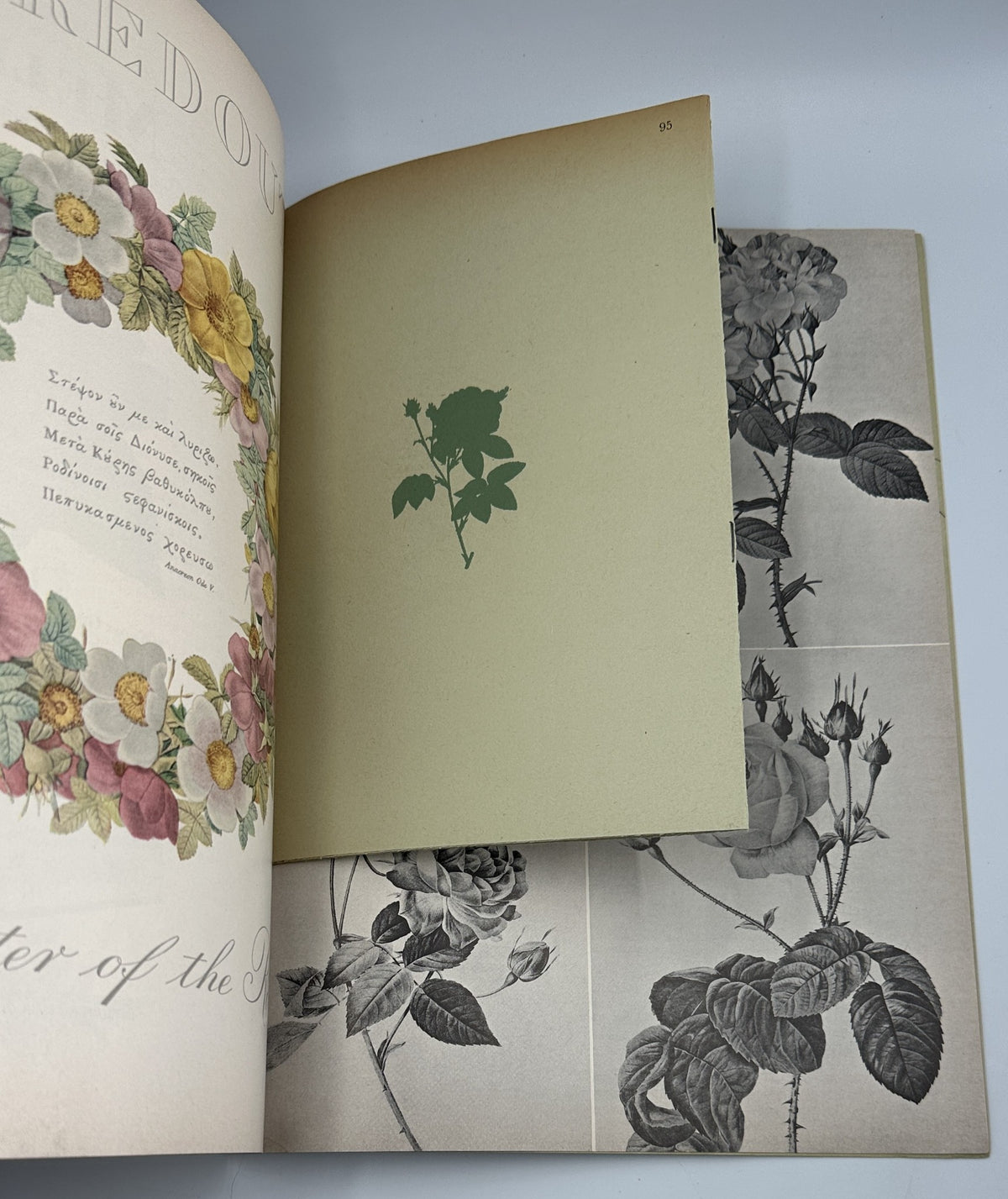 Flair Magazine May 1950 showcasing floral illustrations and a bound-in partial page insert related to roses.