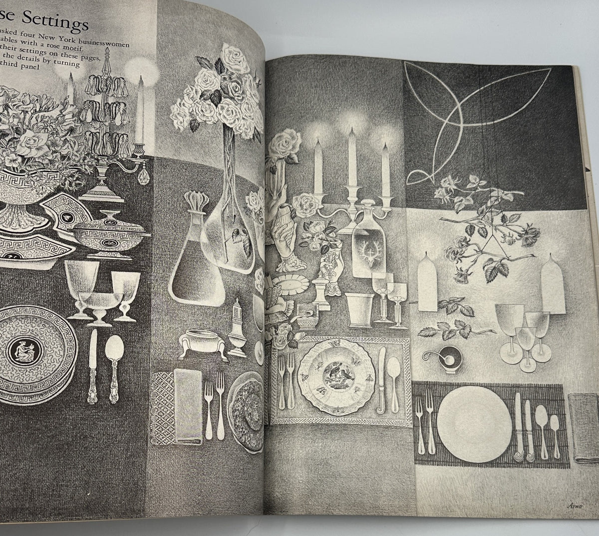 Flair Magazine May 1950 with a detailed illustration of elegant table settings featuring floral decor.