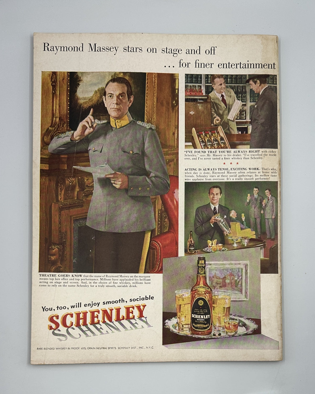 Flair Magazine May 1950 back cover featuring an advertisement for Schenley featuring actor Raymond Massey.