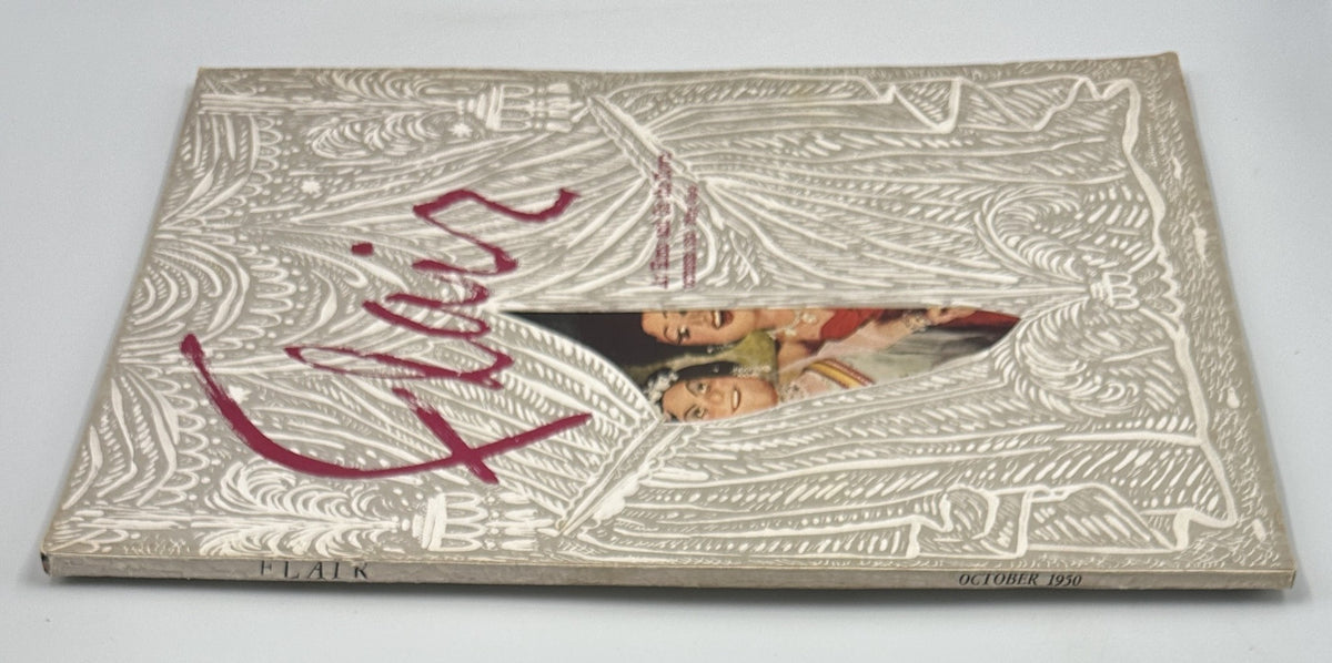 Side view of Flair Magazine, October 1950 showcasing the cover design featuring Eleanor Roosevelt and Perle Mesta.