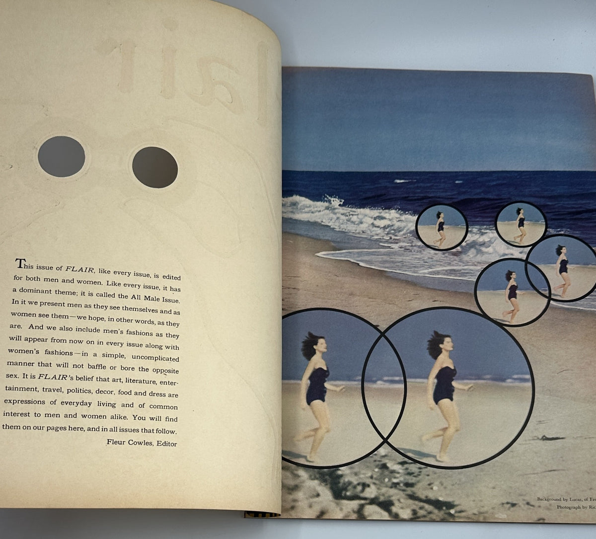 Flair Magazine July 1950 All Male Issue displaying a beach scene with women in swimsuits and a discussion on fashion for both men and women.