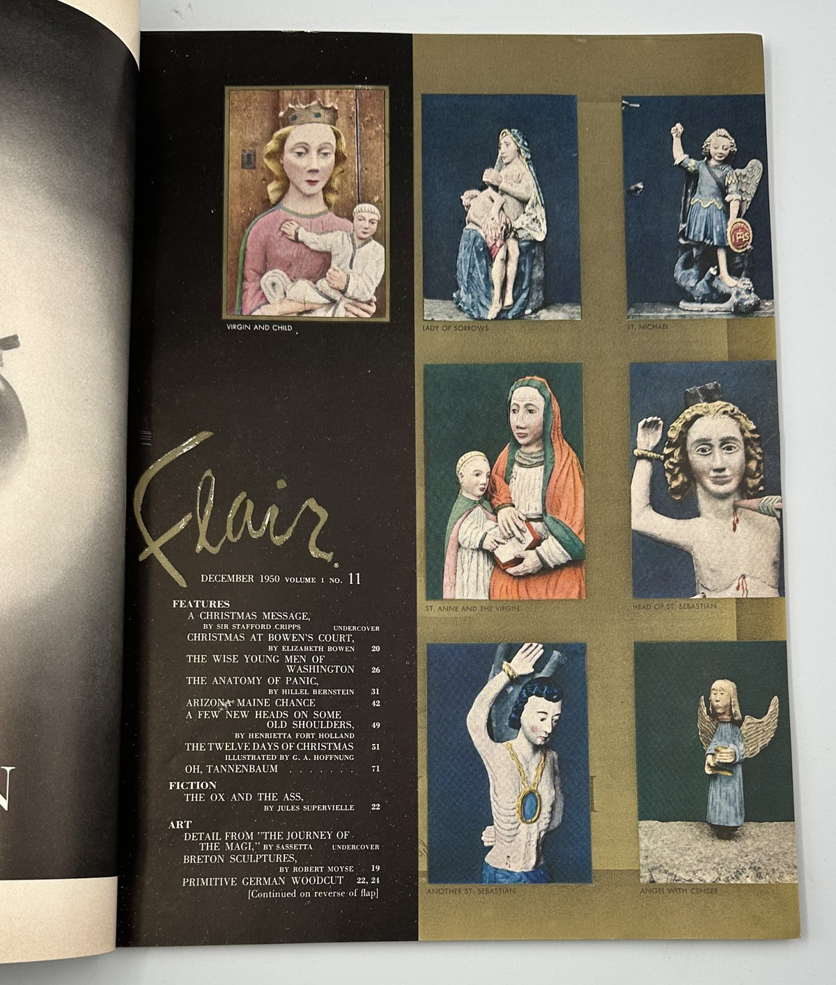 Flair Magazine December 1950 Christmas Issue - Page showcasing features including sculptures of religious figures and children.