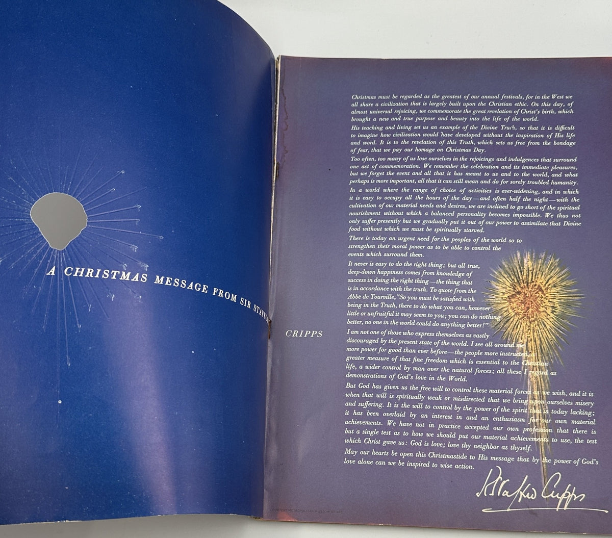 Flair Magazine December 1950 Christmas Issue - Page with article titled 'A Christmas Message from Sir Stafford Cripps' accompanied by a prominent illustration.