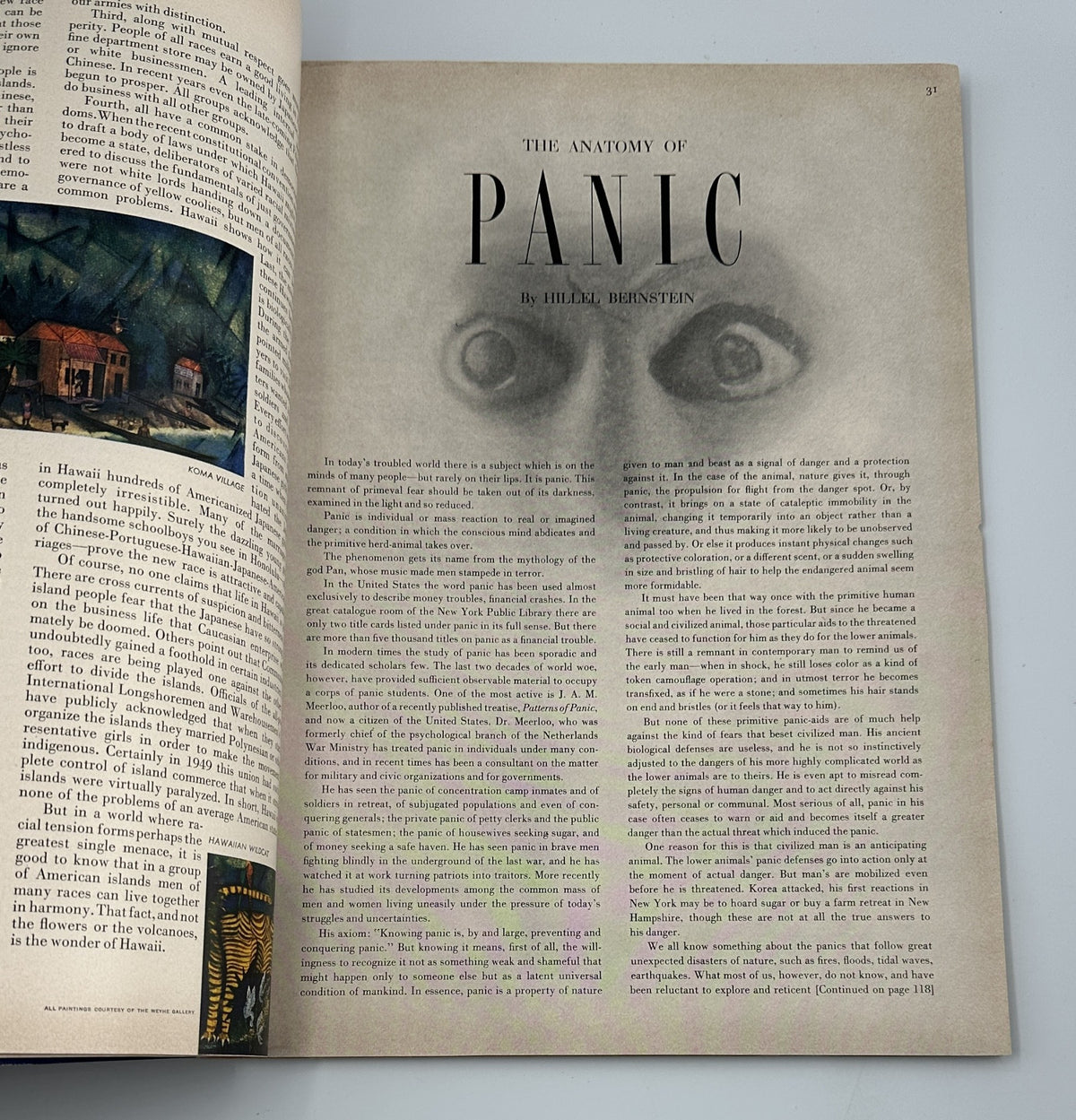 Flair Magazine December 1950 Christmas Issue - Page featuring the article 'The Anatomy of Panic' highlighted by vivid imagery and dramatic typography.